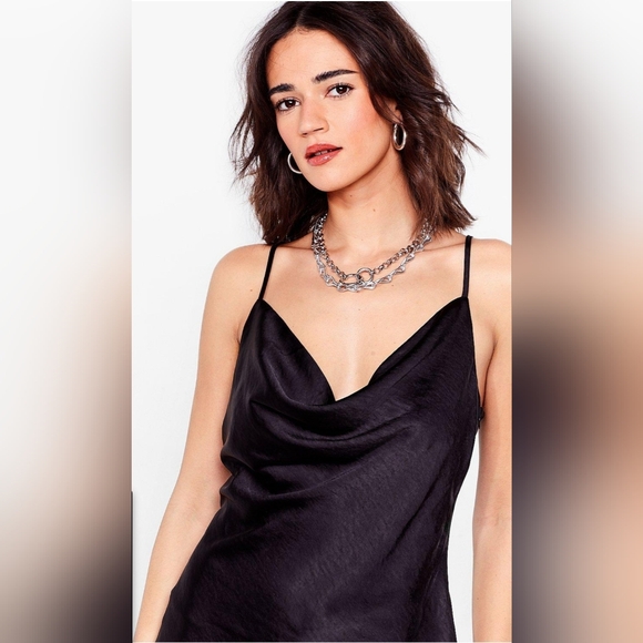 NWOT Nasty Gal Satin Cowl Neck Mini Dress Size 4 in Black - Picture 2 of 6
